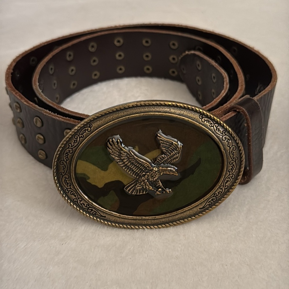 Faithful | Brown Leather Stud Belt Eagle Camouflage Hook Embossed Buckle (S)